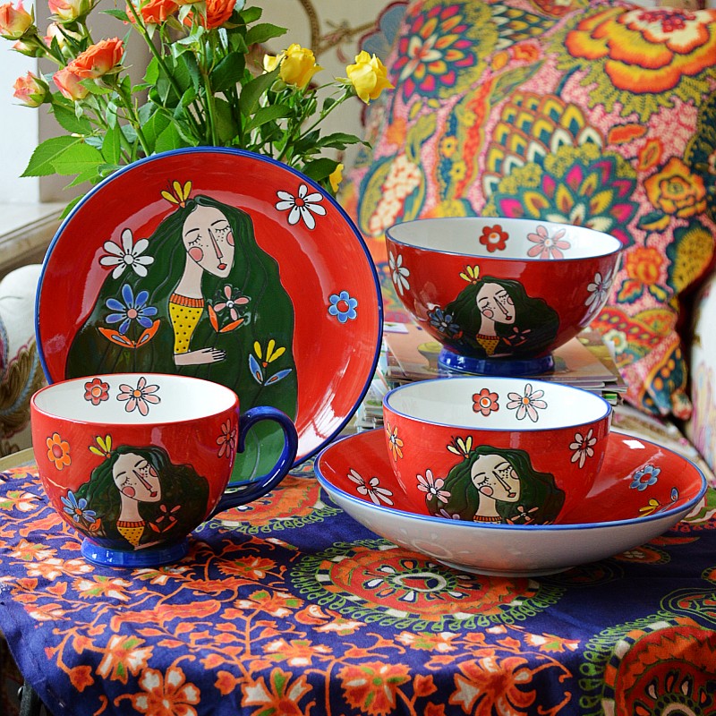 埃兰迪尔燕麦杯手绘卡通公主釉下彩陶瓷盘子家用深盘菜盘饭碗面碗