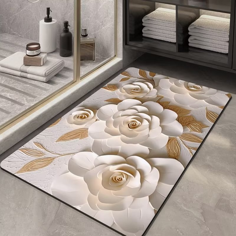 浮雕花朵硅藻泥地垫 卫生间吸水垫橡胶防滑门垫立体3D效果地毯