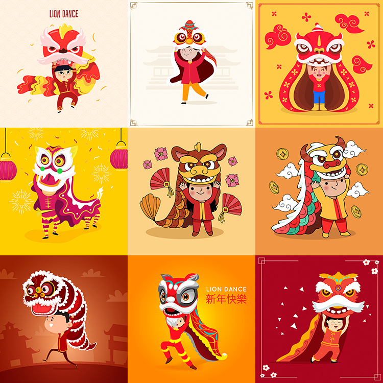 舞狮卡通人物插画 中国风新年过年喜庆海报 AI格式矢量设计素材