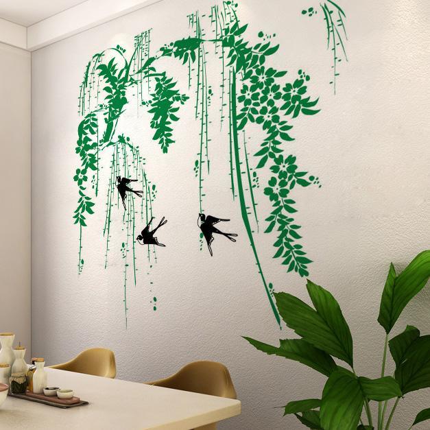 可移墙壁粘贴画卧室客厅电视背景墙贴纸春天柳树绿色植物stickers