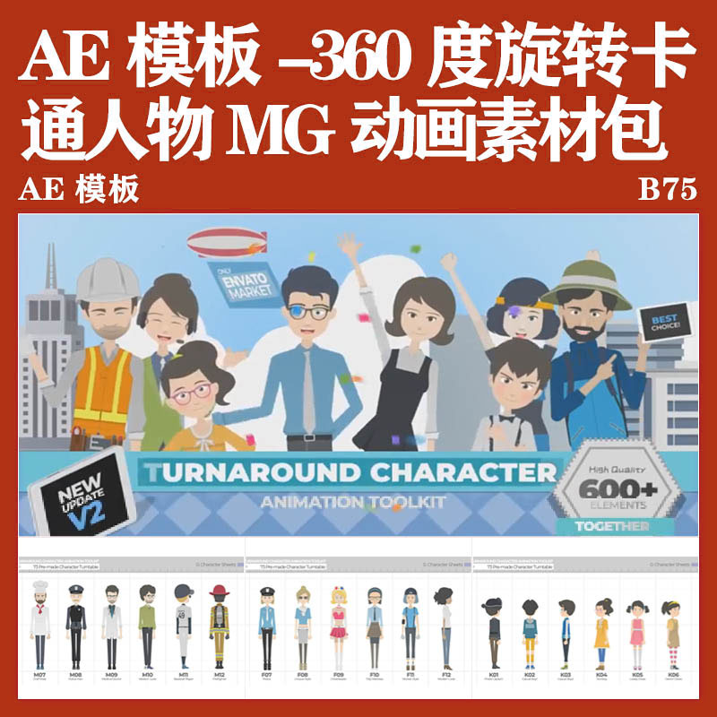 AE模板-360度旋转卡通人物MG动画素材包