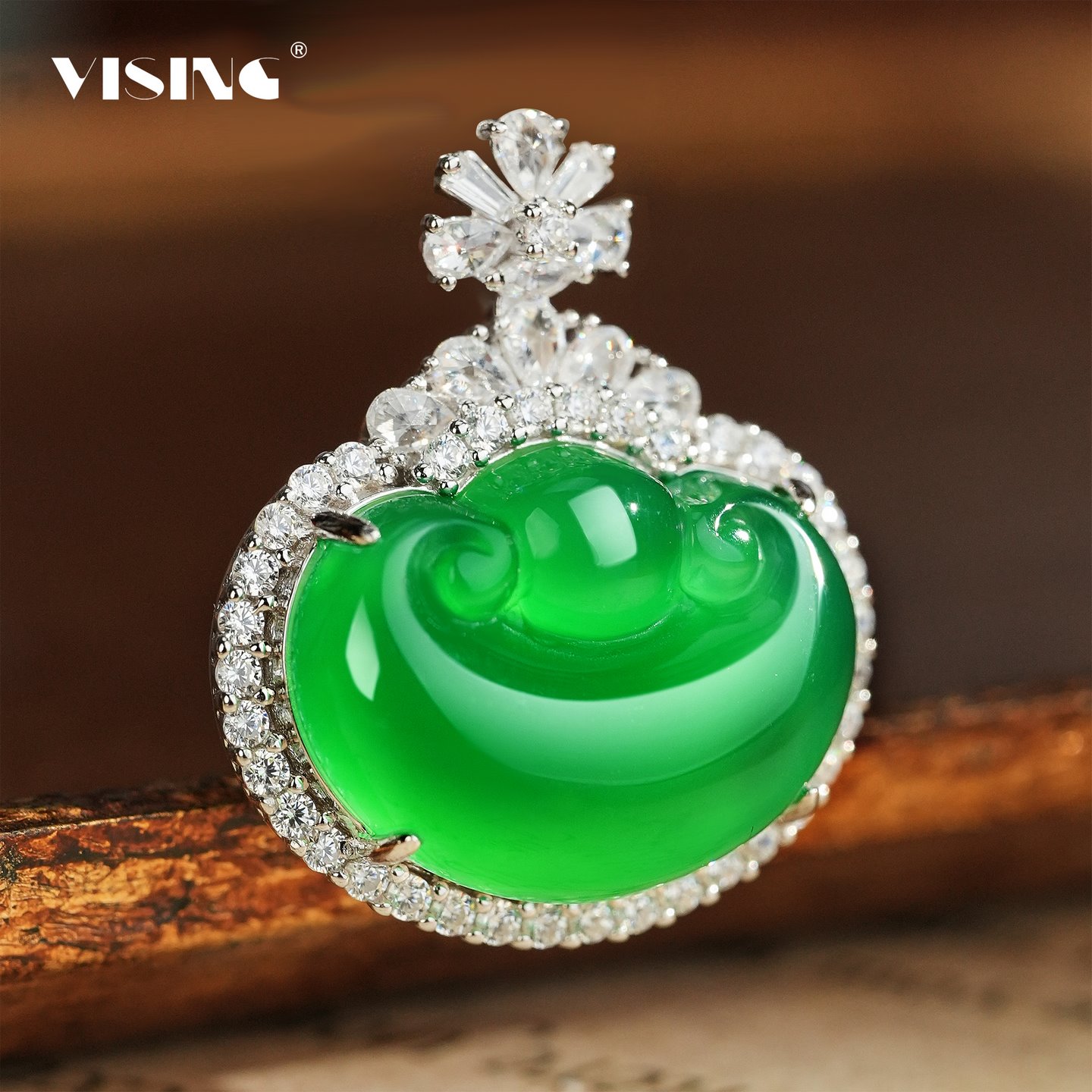 VISING珠宝巴西绿玉髓玛瑙如意头吊坠项链国风送礼媲美翡翠高碳钻