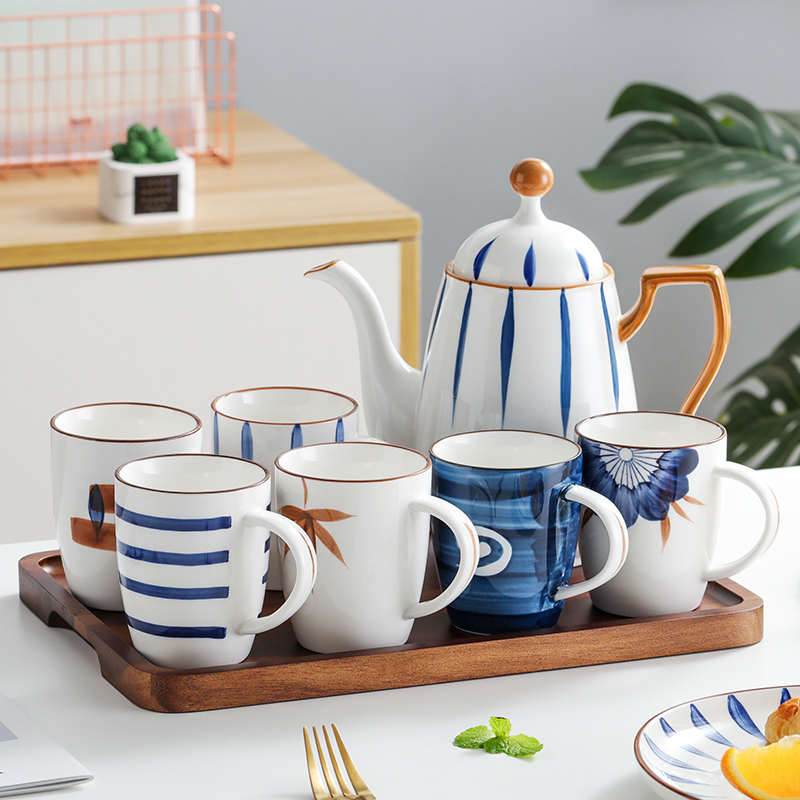 日式陶瓷水杯套装家用客厅水具家庭杯子6个装简约茶壶茶杯带托盘