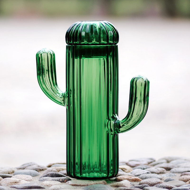 创意绿色糖果罐卡通仙人掌玻璃罐大号轻奢装饰带盖储物罐礼物罐子