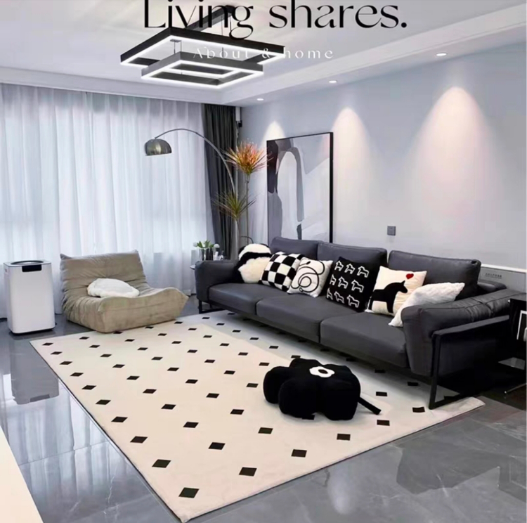 现代华夫格子客厅轻奢简约卧室地垫家用沙发黑白灰加厚仿羊绒地毯