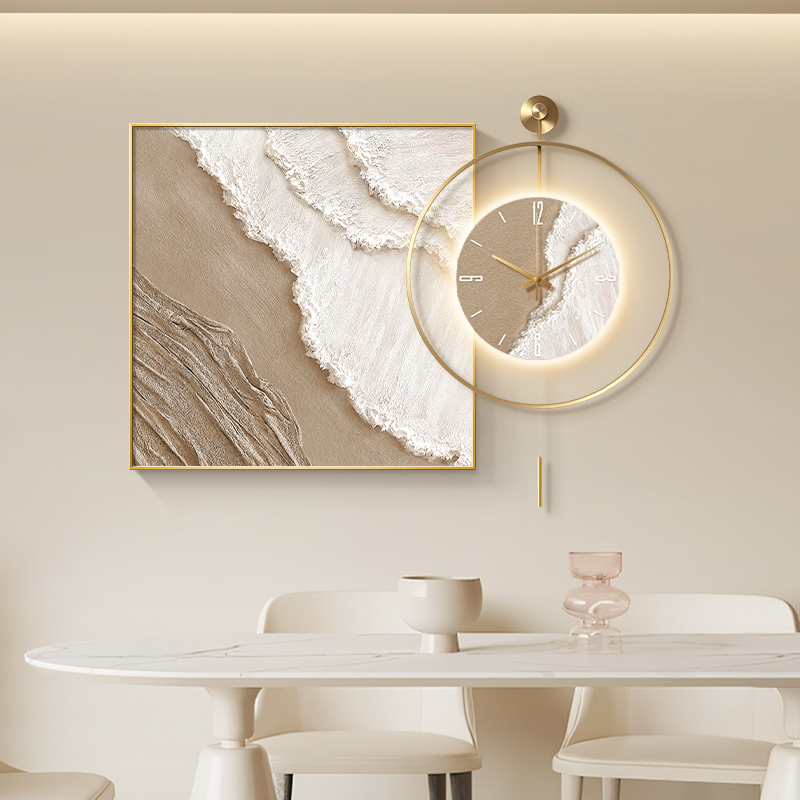 奶油侘寂风餐厅装饰画挂钟肌理抽象壁画高级感餐桌墙面挂画带钟表