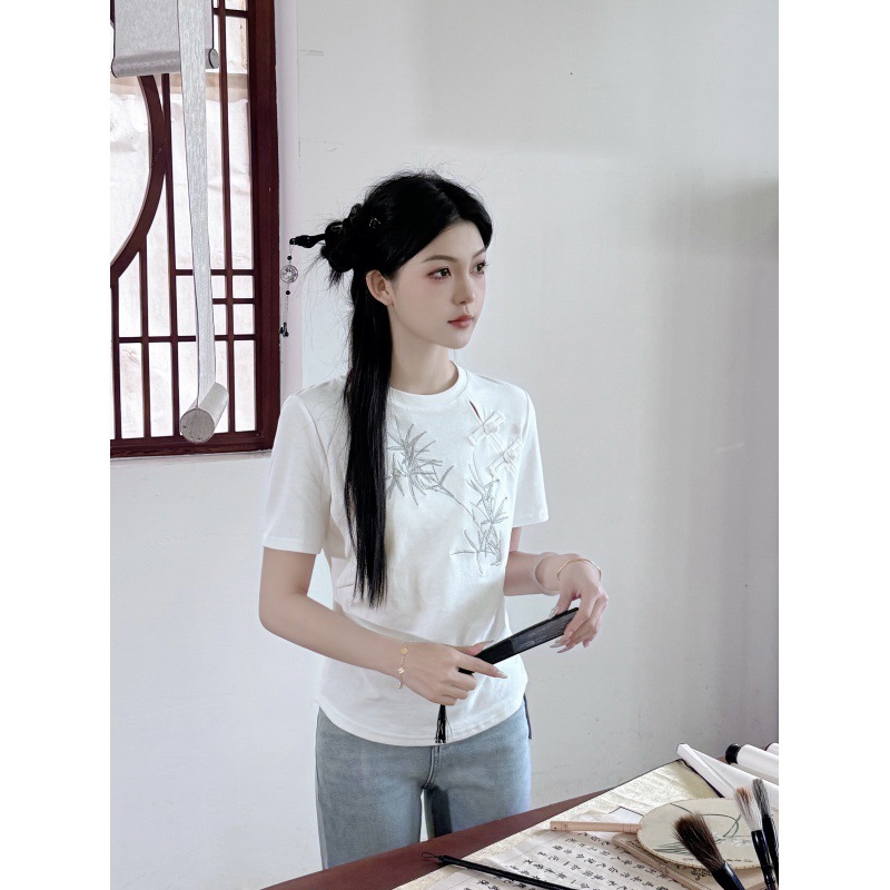 实拍“竹叶青”2024夏季新中式国风唯美诗情画意风显瘦上衣T恤
