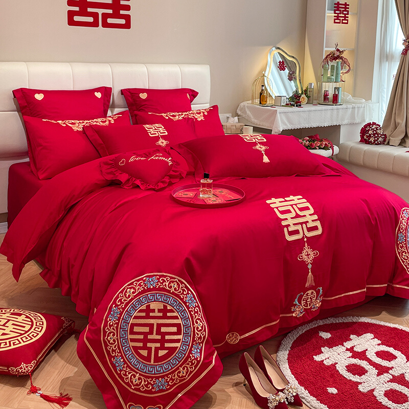 新中式婚庆亲肤棉被套四件套新婚喜庆大红色喜字被罩床单婚嫁床品