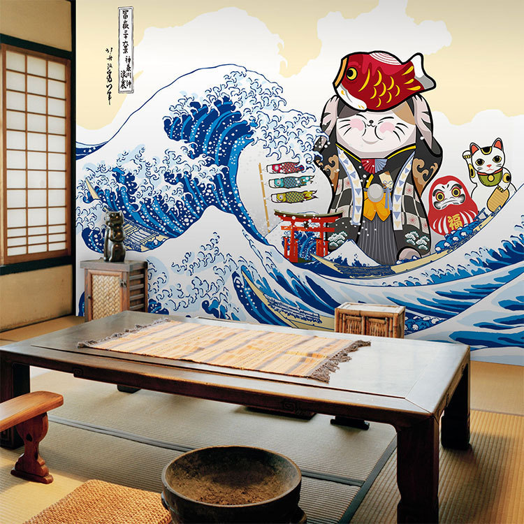 日式卡通招财猫墙纸民宿榻榻米居酒屋料理浮世绘壁纸和风日系装饰