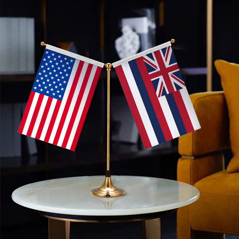 Hawaii 夏威夷州美国国旗 Y型双杆钛金旗架办公会议室高档桌