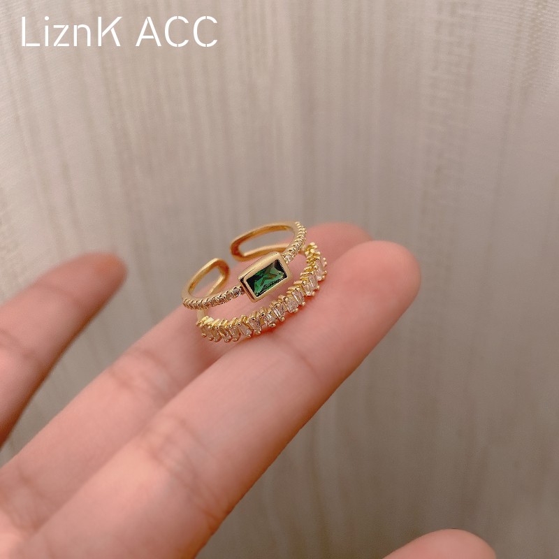 双层绿宝石戒指女轻奢小众精致设计感高级简约时尚个性开口食指环