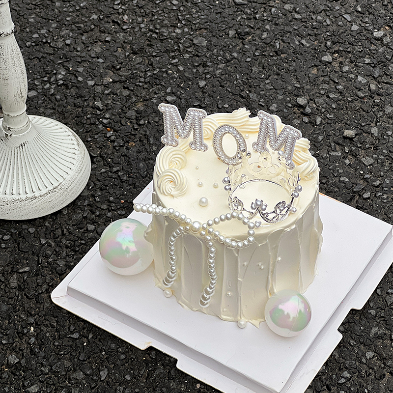 2024母亲节珍珠蝴蝶结MOM唯美蛋糕装饰妈妈母亲生日快乐派对装扮