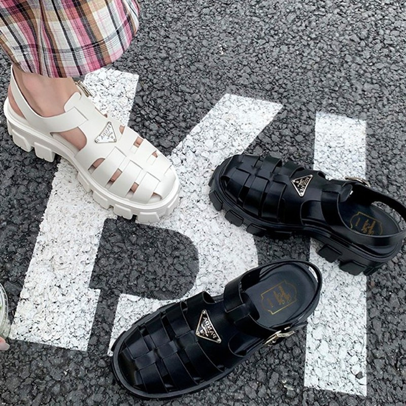 【Ruyan Vuicr】厚底凉鞋女镂空小个子增高松糕编织三角标罗马鞋