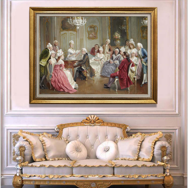 横版欧式宫廷人物音乐会钢琴挂画古典美式油画高档装饰画客厅画