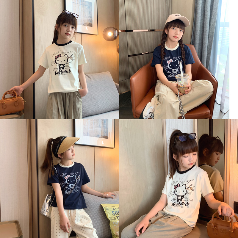 女大童韩版卡通短袖2024夏装新款青少年时尚涂鸦短款薄棉T恤上衣