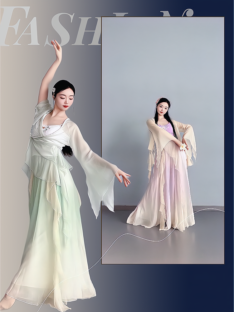 新款 薄荷曼波风女飘逸练功仙气服渐变色复古风中国舞演出服套装
