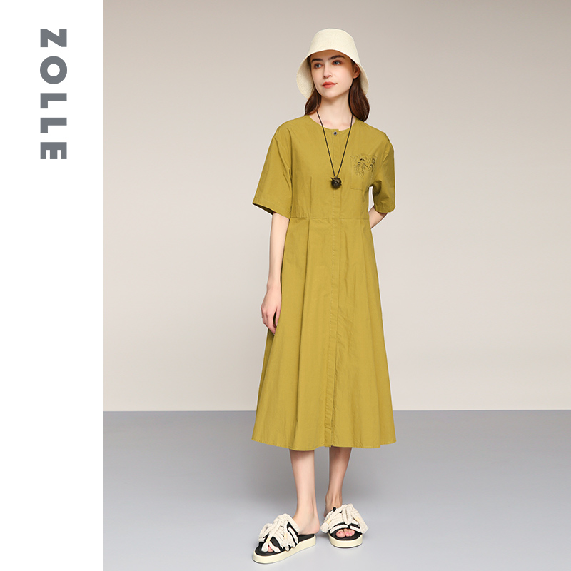ZOLLE因为夏季新款纯色简约短袖连衣裙混棉舒适中长款显瘦女裙子