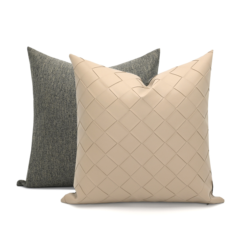 浅咖啡色菱形皮革棉麻拼接现代样板间沙发搭配方抱枕套护腰垫客厅