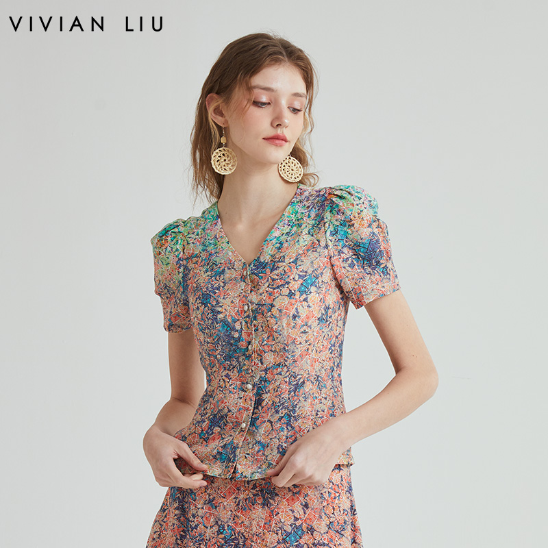 VIVIAN LIU薇薇安刘 R2323003春女装新款苎麻印花泡泡袖V领衬衫