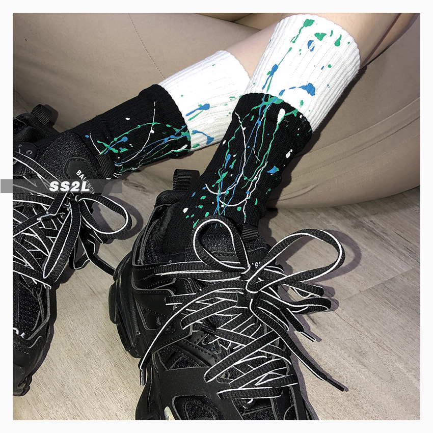 SS2L现货原创艺术创意泼墨印花双袜口棉质运动街头中筒袜子男女