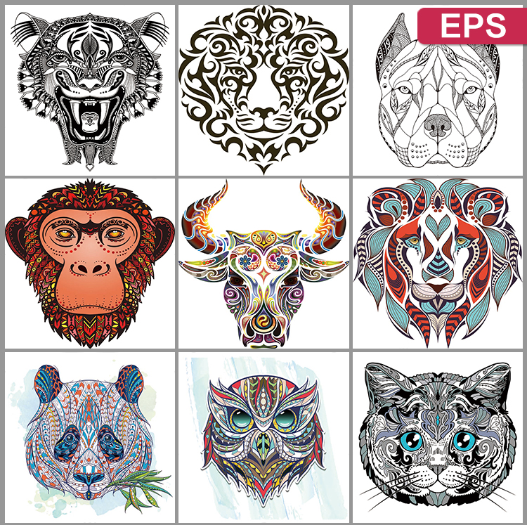 抽象线描卡通动物头像老虎熊猫头鹰牛狗EPS矢量印花图案设计素材