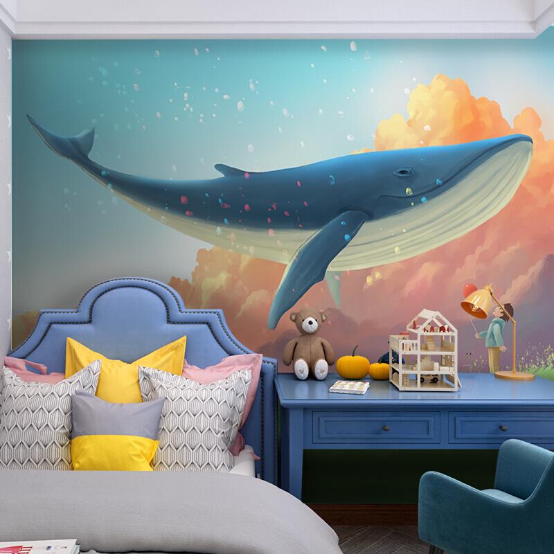卡通儿童房壁纸男孩卧室背景墙布梦幻星空蓝色海洋鲸主题壁画墙纸
