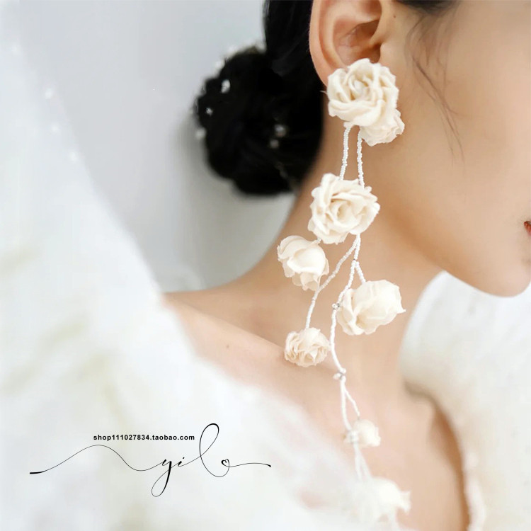 日韩新娘高级感法式花卉超长流苏不对称耳夹耳挂婚纱礼服拍照写真