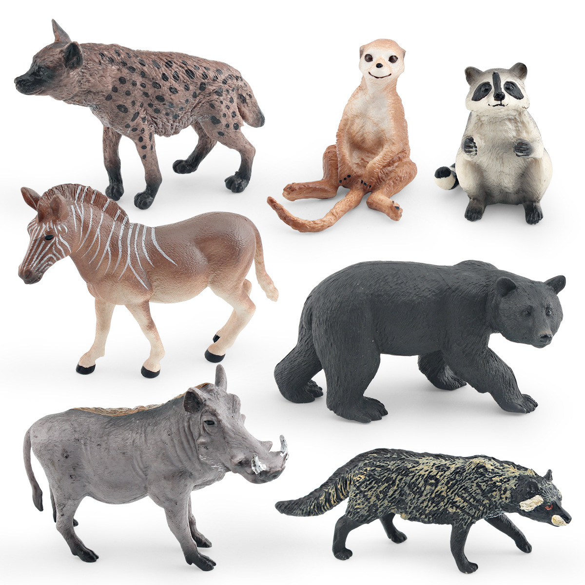 跨境仿真野生动物模型鬣狗斑馿疣猪非洲灵猫浣熊黑熊狐獴摆件玩具