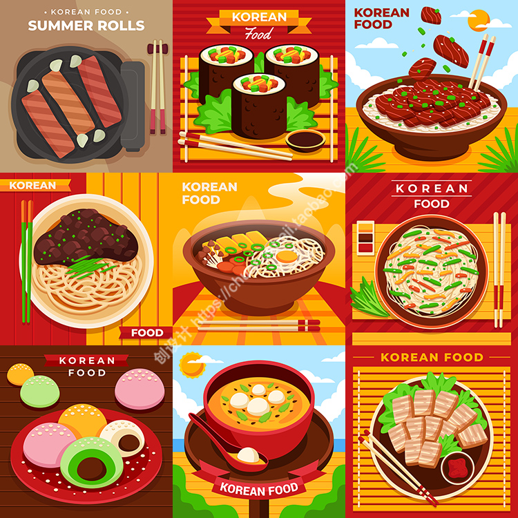 韩国食物插画 冷荞麦面烤肉五花肉石锅拌饭 AI格式矢量设计素材