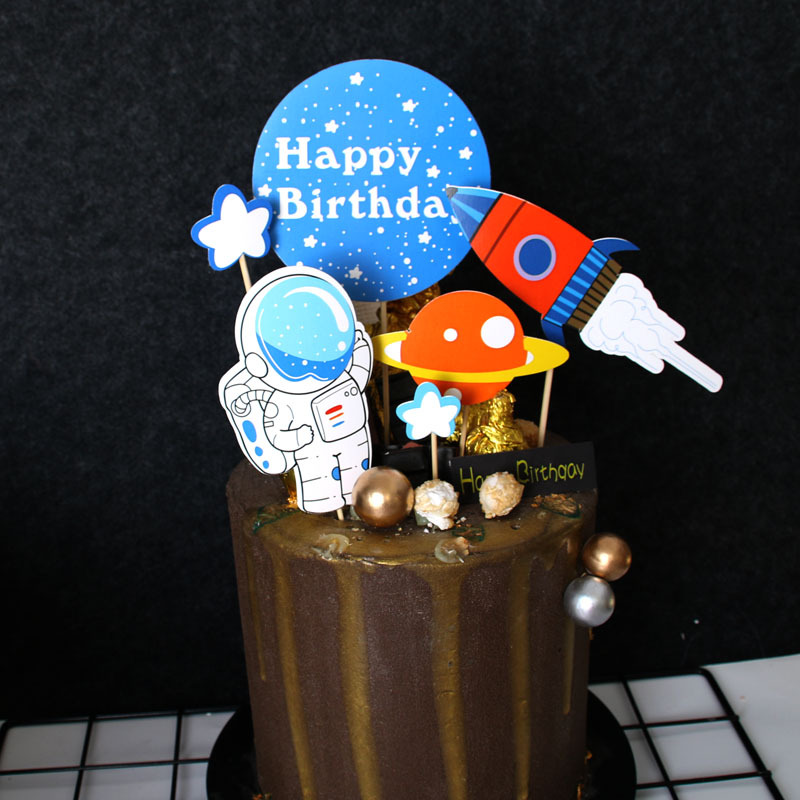 版权星空太空宇宙宇航员飞船蛋糕插牌生日装饰插旗摆件火箭飞船