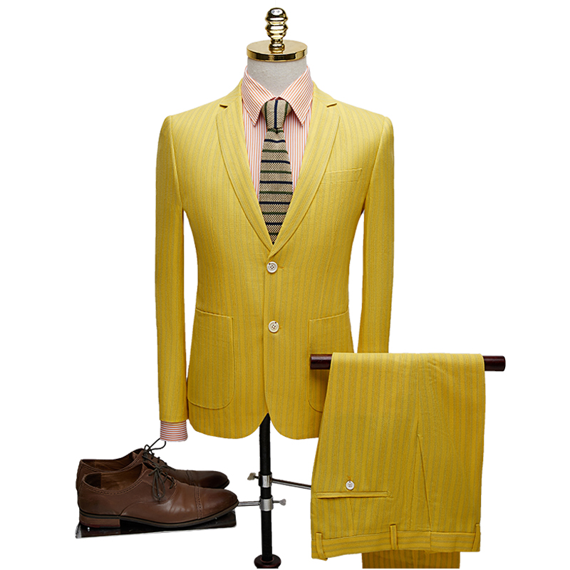 2021年新款西服男套装黄色条纹英伦风潮流发型师韩版修身两件套