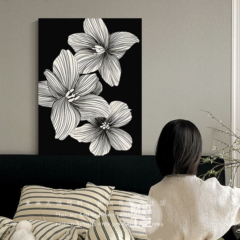 黑白极简客厅装饰画高级感个性沙发背景墙落地画抽象花卉卧室壁画