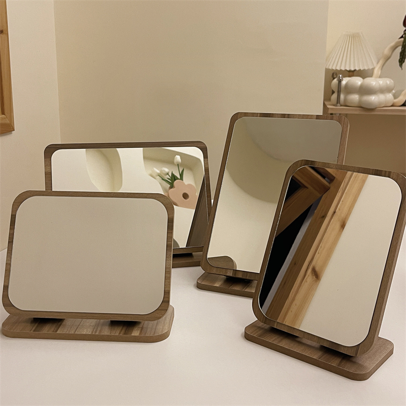 （复古桌面化妆镜）折叠木质便携学生宿舍台式梳妆镜日式高清镜子