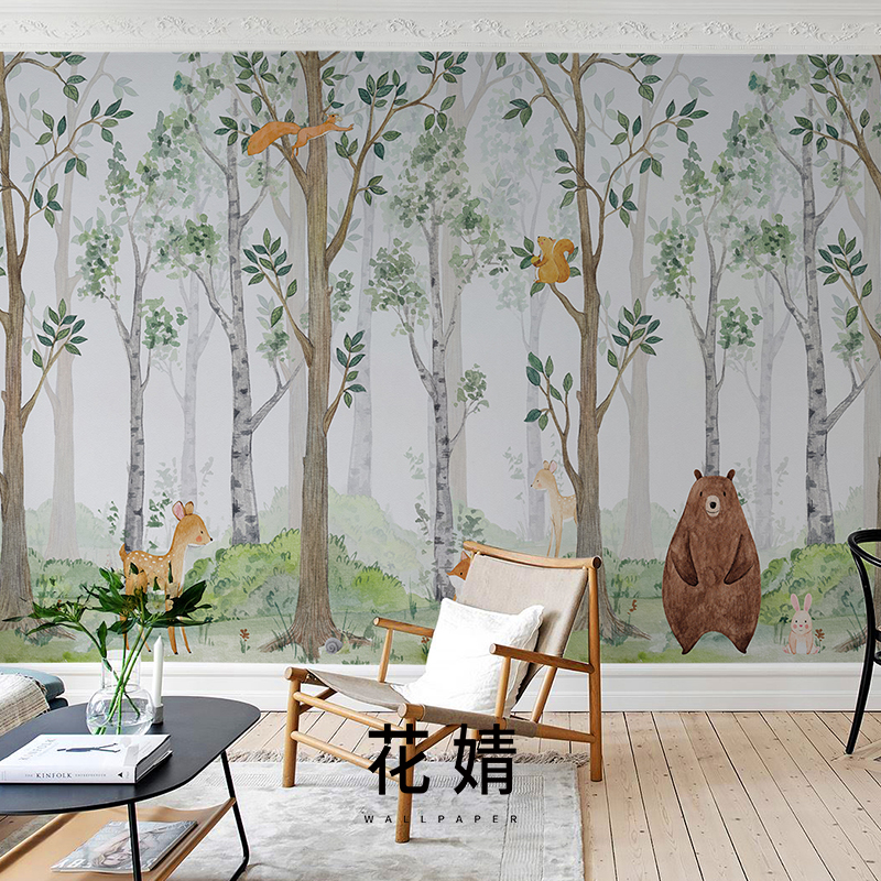 北欧墙布手绘动物森林儿童房壁纸无缝墙纸男孩女孩卧室背景墙壁画