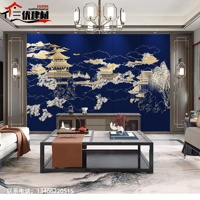 新中式客厅电视沙发卧室床头酒店硬包背景墙刺绣壁布护墙板木饰面