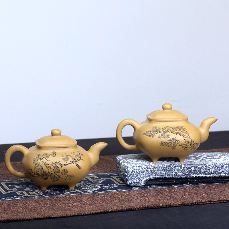 定制宜兴正品紫砂壶原矿黄金段刻绘传炉壶方器名家纯全手工茶壶具