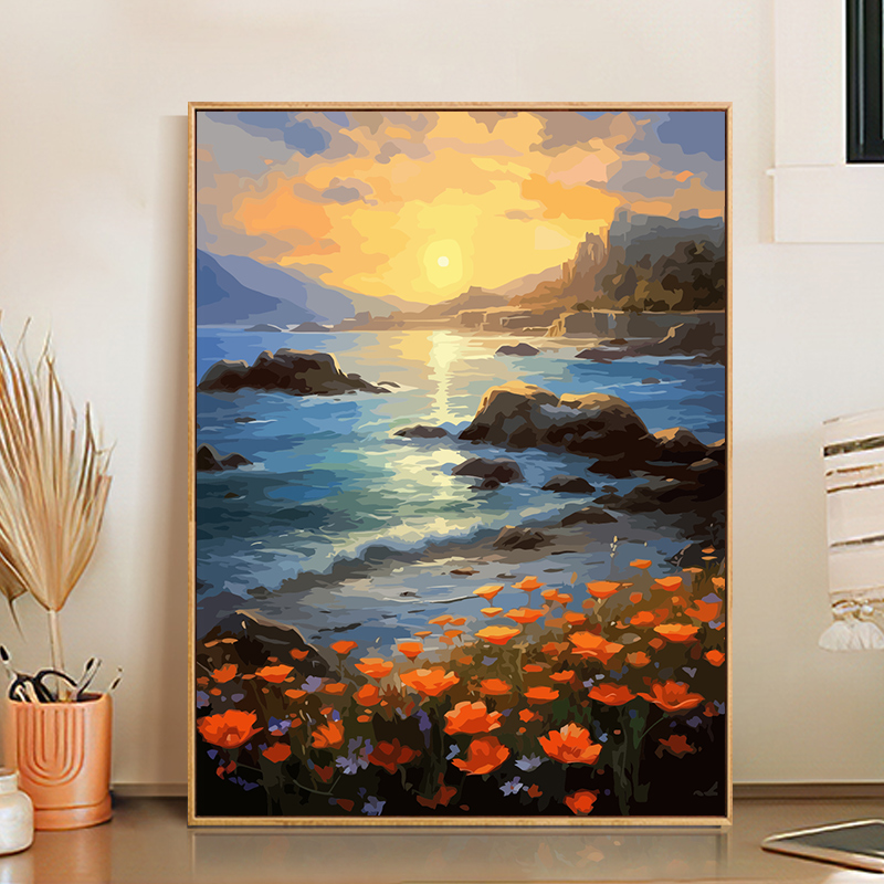 夕阳海边风景图片油画