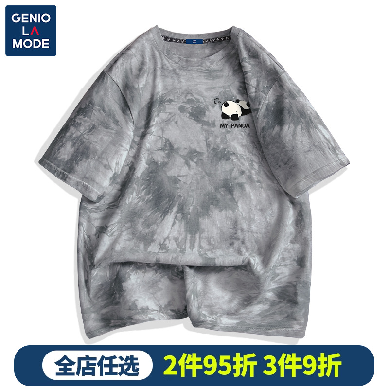 GENIOLAMODE扎染t恤男熊猫图案小众设计感夏季纯棉短袖薄