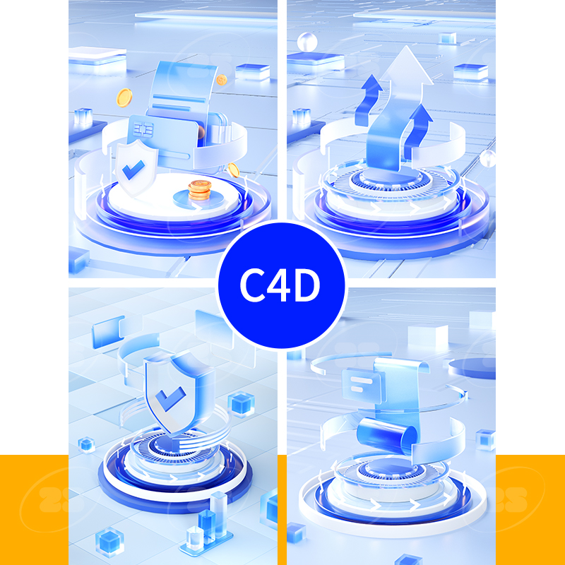 C4D微软风科技透明玻璃工程场景海报电商舞台蓝色模型建模素材26