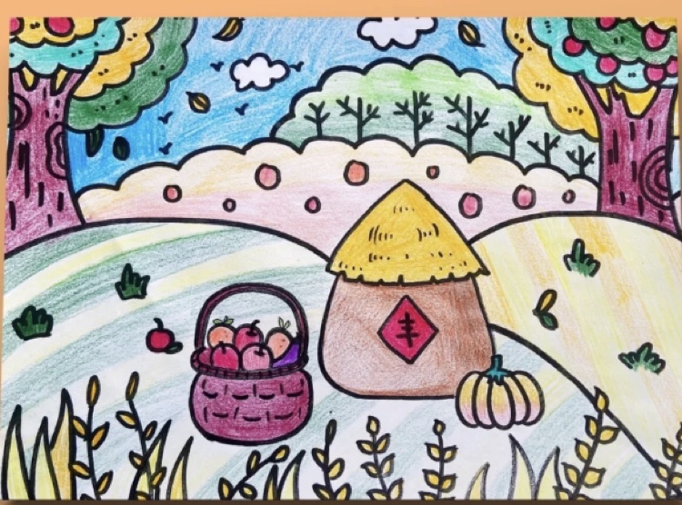 秋天的田野儿童画模板手抄报小学生一二三丰收手绘线稿主题绘画季
