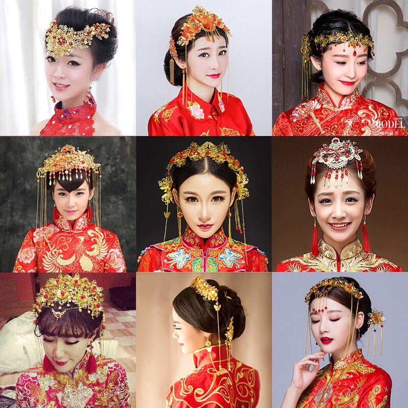红色结婚发型甜美新娘子大气礼服新娘秀和头饰中式中国风汉服古典