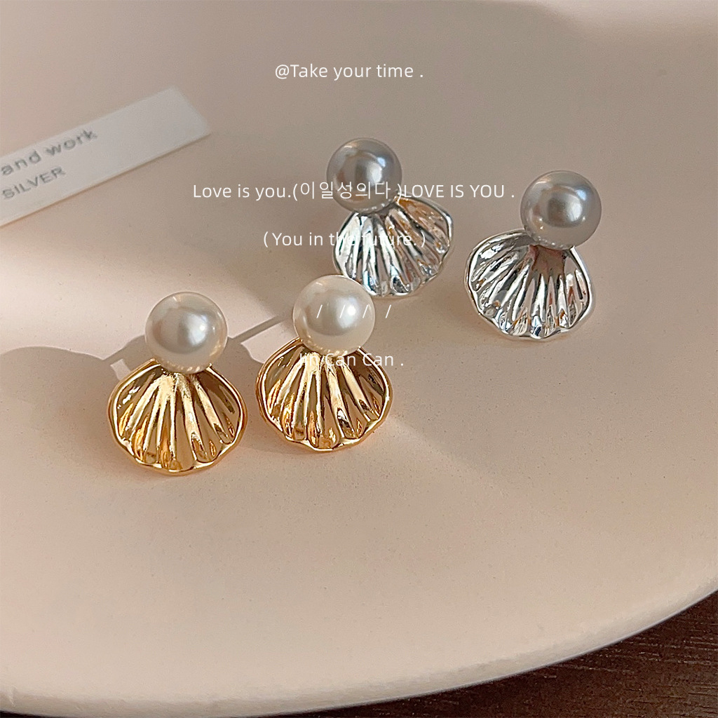 施家品质玻璃珍珠高级感镀14K扇贝形状耳钉气质优雅耳饰饰品