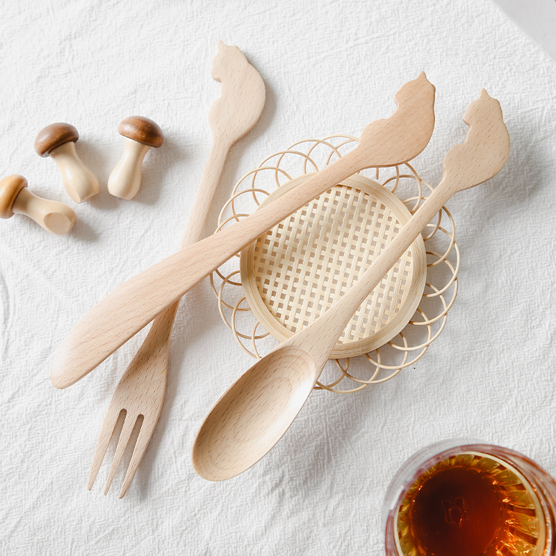 猫趣 日式可爱实木刀叉勺 创意榉木手作甜品餐具套装叉子勺子木勺