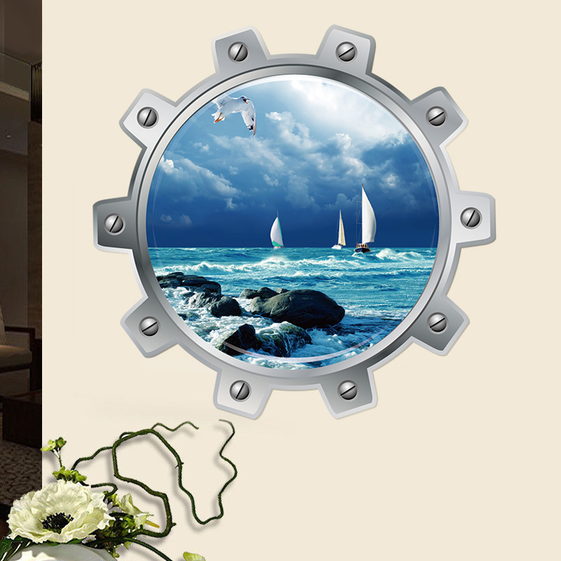 墙贴画上海假窗风景海洋城市热气球贴画客厅卧室装饰贴纸海面船帆