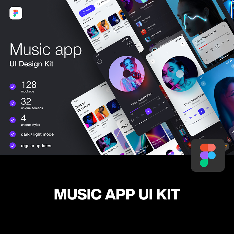 4套配色简约时尚音乐播放器App应用程序ui界面设计fig素材模版