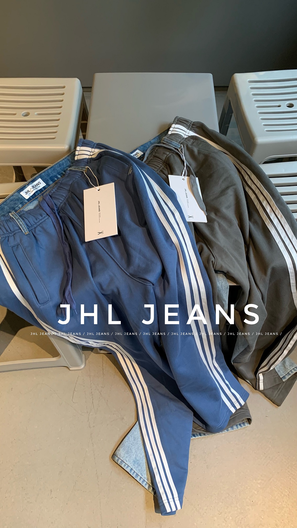 JHL JEANS美式休闲宽松拖地长裤男生夏季小众设计感卫裤拼接牛仔