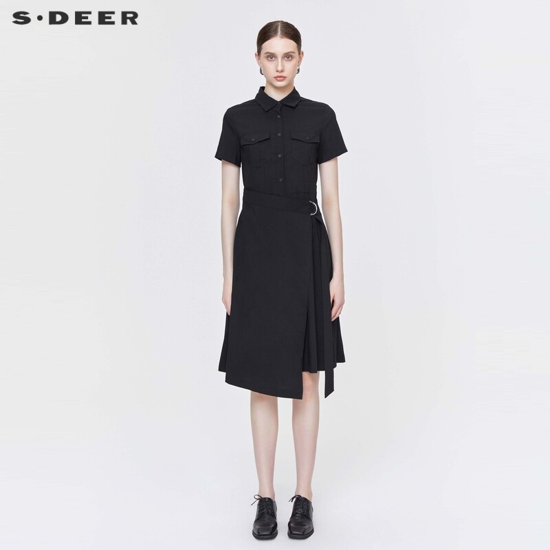 sdeer圣迪奥衬衫裙女夏装翻领不规则气质显瘦黑色连衣裙S22281269