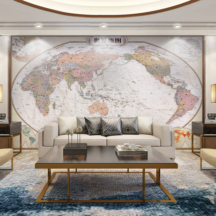 世界中国地图复古欧美式高清办公室书房沙发背景墙壁纸墙画墙布画