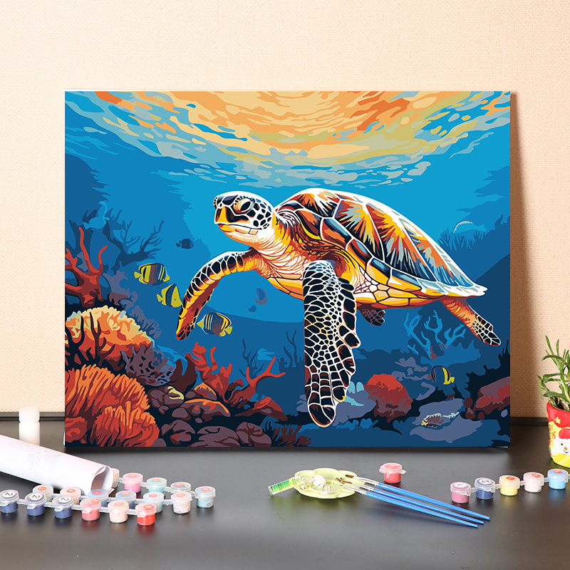 数字油画diy手工填充海底世界大海龟风景画手绘涂色油彩丙烯挂画