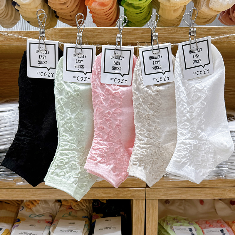 COZY韩国进口袜子女短袜薄款豹纹爱心浮雕网眼黑白纯色春夏季棉袜